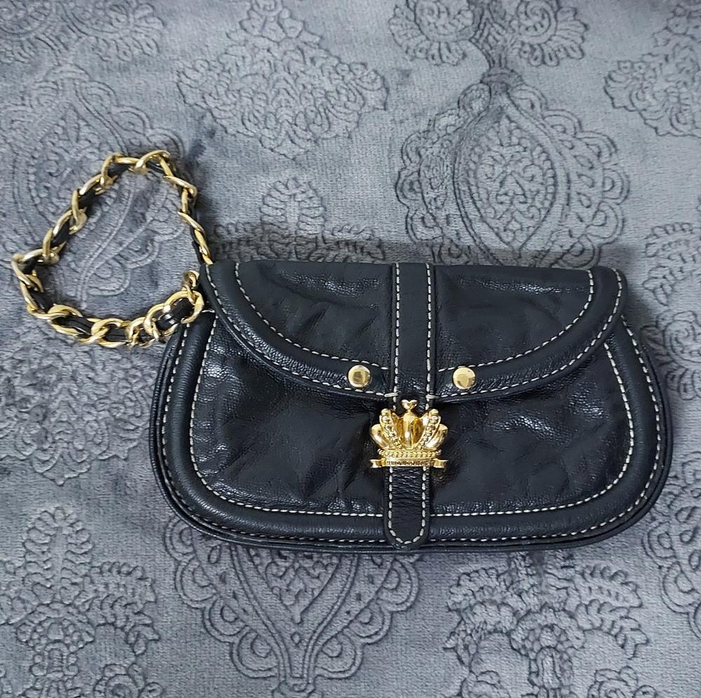 🖤 Y2K 2000s Juicy Couture J genuine leather chain wristlet clutch purse RARE